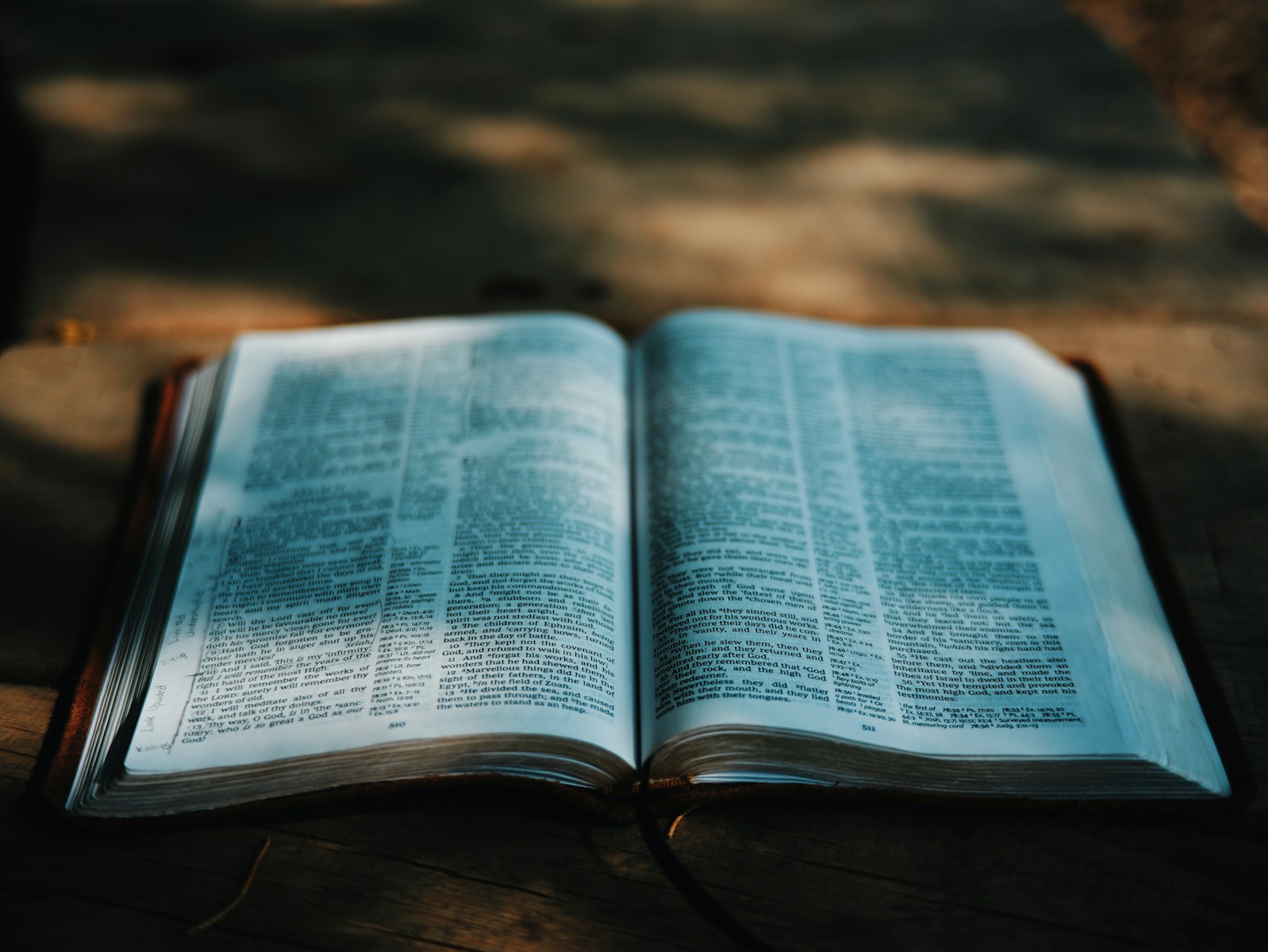 Open bible on a wooden surface.